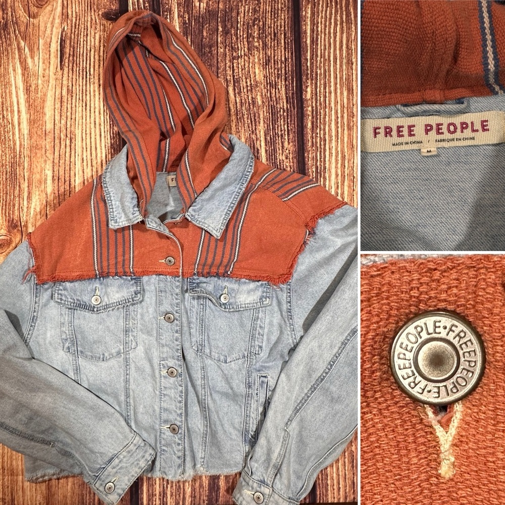 FREE PEOPLE WOMENS BAJA DENIM JACKET SIZE MEDIUM BOHO CHIC AZTEC HOODED BUTTON